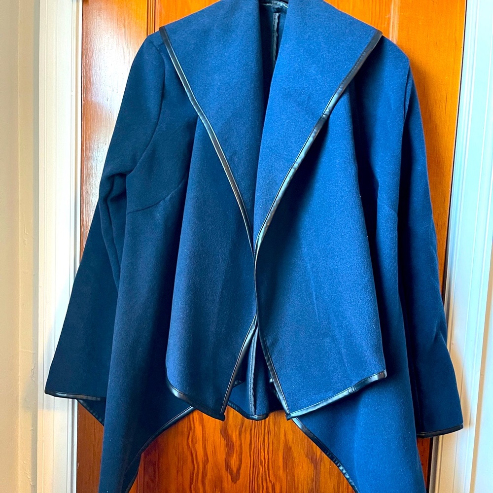 Wool asymmetrical car coat with leather piping